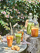 Assortment of fresh smoothies outdoors