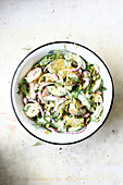 Salad composed of potatoes, cucumber, radishes, capers and onions