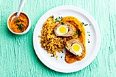 Scotch eggs with pumpkin puree and brown rice