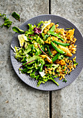 Thai rice salad with chicken, snow peas and salad