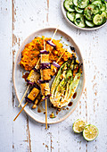 Tofu skewer with red onions with honey and mashed carrots