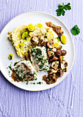White fish with herbs and fried mushrooms, homemade puree
