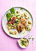 Chicken with spinach puree with bacon and creamy mushroom sauce