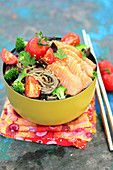 Soba noodles with broccolis,mushrooms and raw salmon
