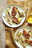 Pan-fried foie gras with endives and mangoes