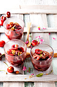Cherry soup with caramelized almonds