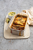 Moussaka in terrine, mayonnaise with herbs
