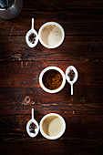 Trio of coffee sauces: spicy salty sauce, vinaigrette and custard.