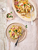 Yellow lentil, smoked fish and red onion warm salad
