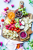 Aperitif tray with crackers,radishes,cherry tomatoes and vegetable spreads