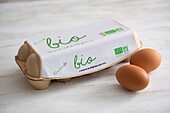 Organic eggs in an egg carton