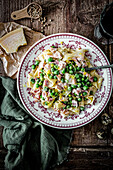 Papardelle with bacon and peas