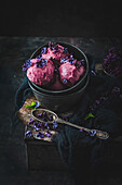 Raspberry-lilac ice cream in small bowls