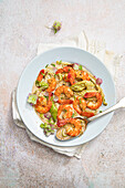 Fried prawns with leek and grilled Chinese cabbage