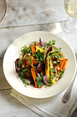 Roasted root vegetables on cream of parsnips and red quinoa