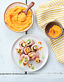 Roasted turkey roll ups with carrot puree