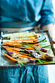 Roasted spring vegetables on a sheet pan
