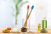 Essential oil,coconut oil,green cosmetic clay,bicarbonate,turmeric and wood coal