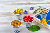 Capsules, pollen and pomegranate seeds in bowls