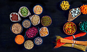 Various pulses and pasta for a vegan diet