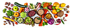Obst, Gemüse, Hülsenfrüchte, Nudeln, Pilze und Nüsse für die vegane Ernährung