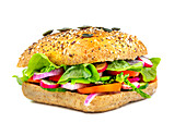 Veganes Brötchen-Sandwich mit Tomaten, Salat, Radieschen, Gurken und Zwiebeln