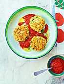 Oat cakes with herbs and tomato sauce
