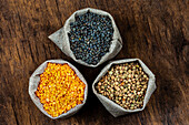 Three kinds of lentils in bags