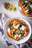 Spaghettis with courgettes,grilled aubergines and mozzarella