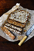 Energy bar with bananas, dates, cashews, coconut, honey and oats