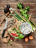Ingredients for the preparation of Pad Thai with prawns