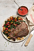 Argentina- styled grilled beef,potatoes,peppers and spinach served with spicy pepper sauce