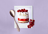 Polaroid photo of strawberry cream pie with red currants on it against a purple background