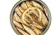 Orverhead view and close-up of sardines in oil