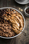 Porridge with almonds and chocolate-chocolate mousse