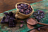 Chocolat en poudre, concassé,en tablette,et fèves de cacao-Vue de dessus sur fond vert et marron.
