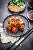 Sesame crusted fried tofu with dipping sauce