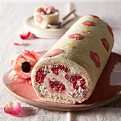 Petit-suisse and raspberry rolled sponge cake