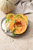 Grilled melon with mozzarella,rocket lettuce and sesame oil