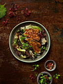 Tempeh simmered with pak choi and algae