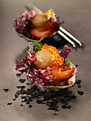 Oysters with scallops,salmon roe and algae
