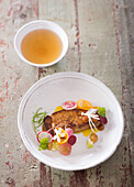 Foie gras escalope with pickles and broth