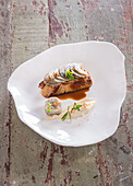 Pan-fried foie gras with mustard condiment,purple artichokes with long pepper
