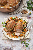 Veal roulades, muscat sauce, cep pear and autumn vegetables