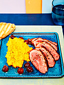 Duck breast, grapes in syrup and vanilla sweet potato crust