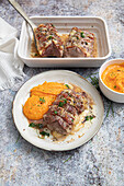 Orloff filet mignon with bacon, comte, aromatic herbs, fleur de sel and butternut purée