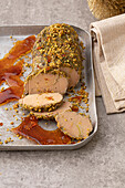 Foie gras in a pistachio praline crust, caramel flakes
