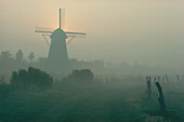 Windmill in misty landscape, Laar, Lower Saxony, Germany
