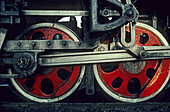 close-up of two steam train wheels, China
