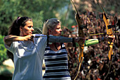 Women at archery at Club Aldiana, Fuerteventura, Canary Islands, Spain, Europe